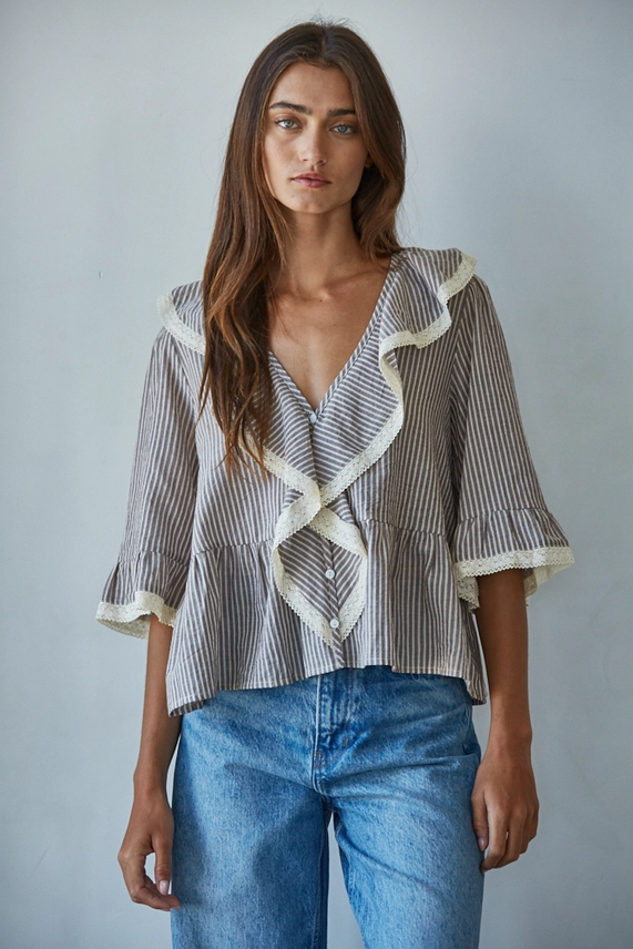 Striped V-Neck Quarter Sleeve Blouse