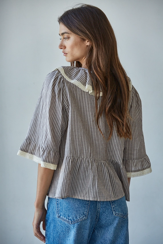 Striped V-Neck Quarter Sleeve Blouse