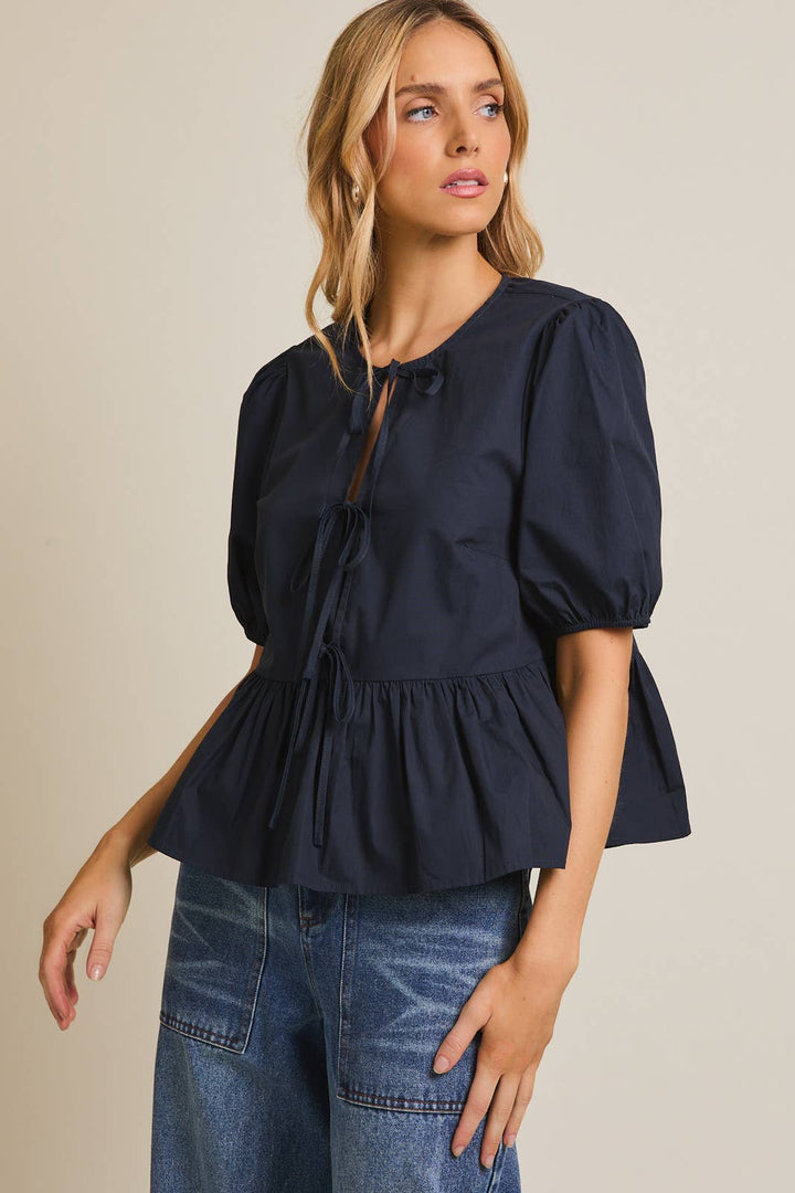 Front Ties Puff Half Sleeve Blouse - Navy