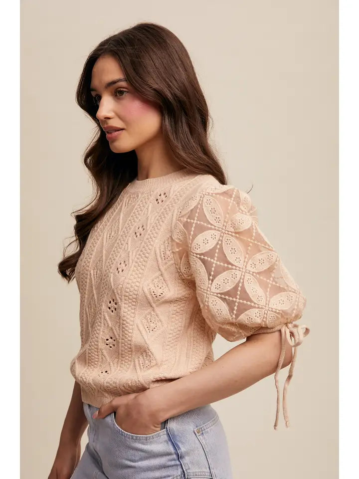 Eyelet Puff Sleeve Knit Sweater Top