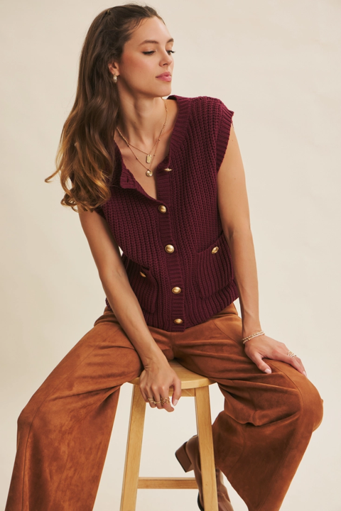 Burgundy Antique Button-Down Chunky Sweater Vest
