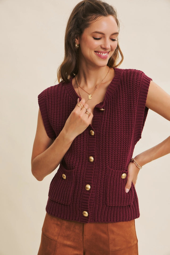Burgundy Antique Button-Down Chunky Sweater Vest
