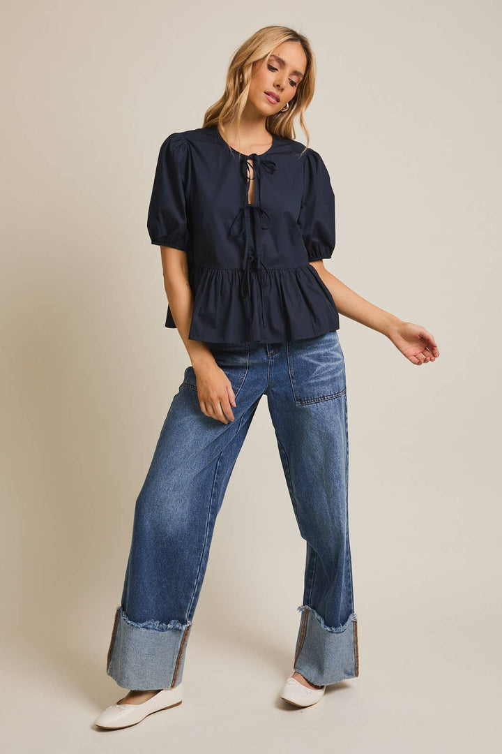 Front Ties Puff Half Sleeve Blouse - Navy