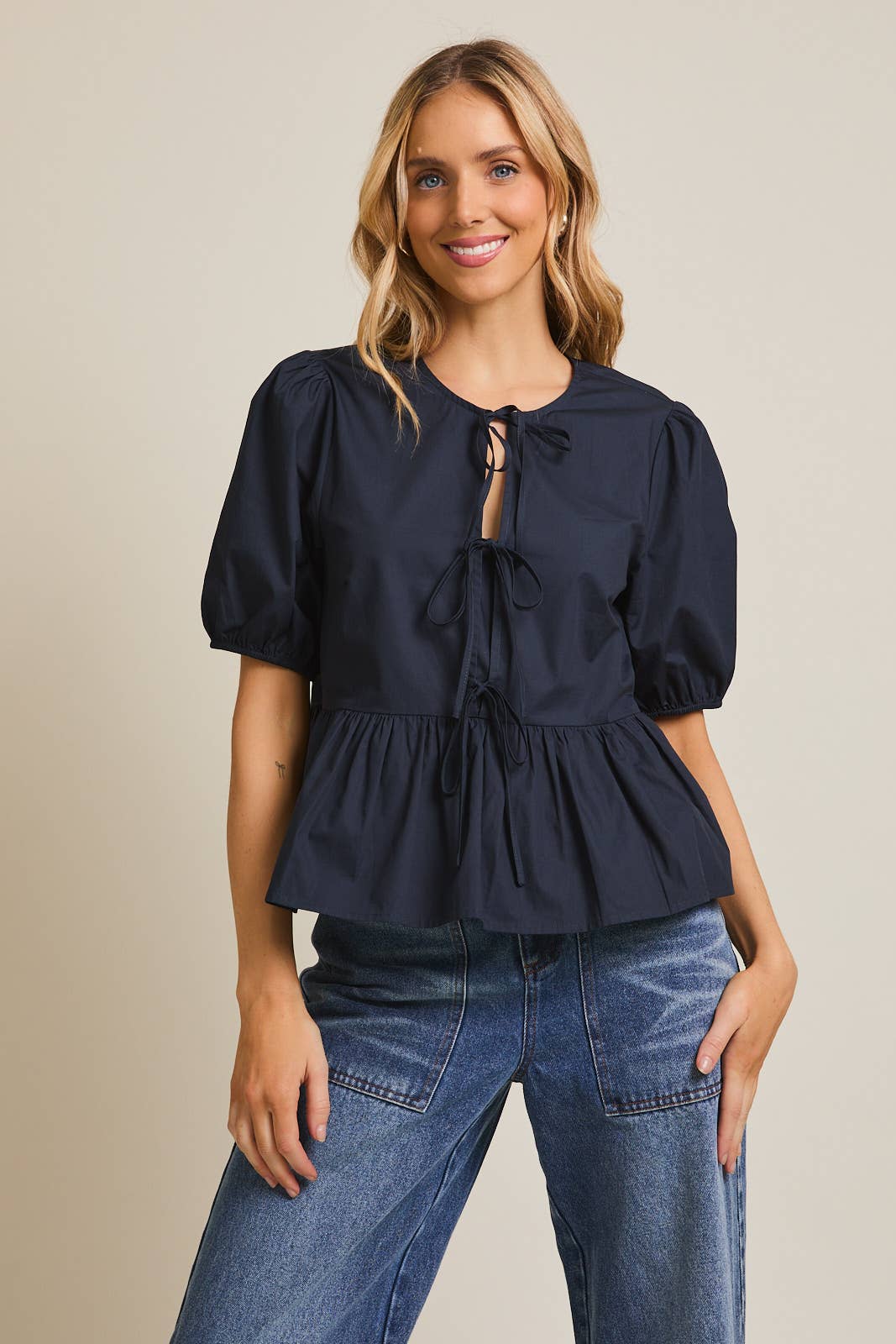 Front Ties Puff Half Sleeve Blouse - Navy