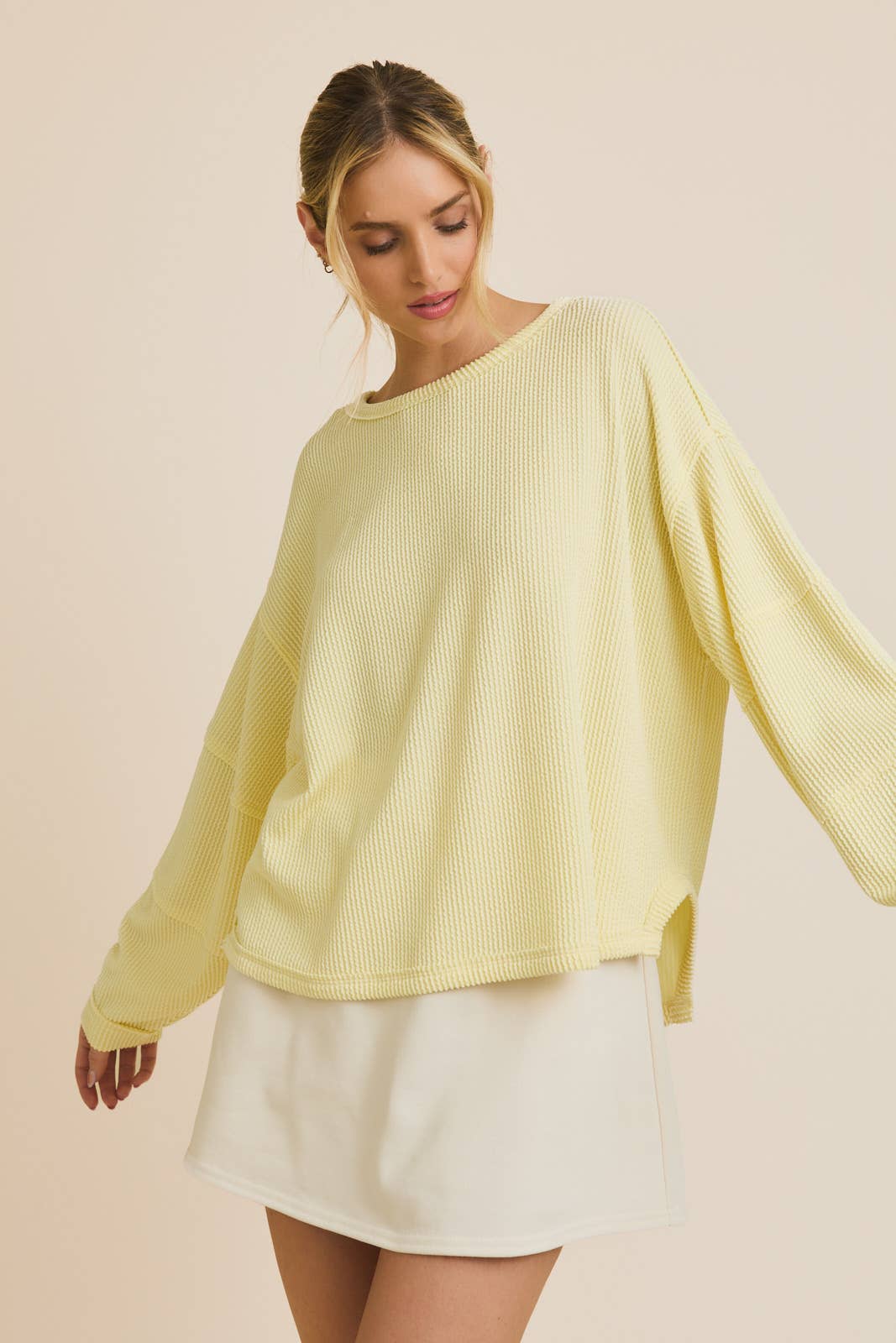 Round Neck Long Sleeve Cut Edge Detail Top