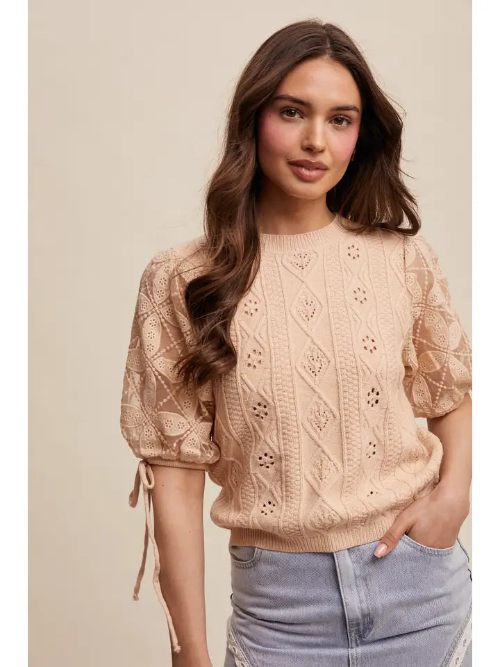 Eyelet Puff Sleeve Knit Sweater Top