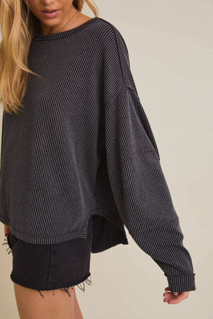 Round Neck Long Sleeve Cut Edge Detail Top