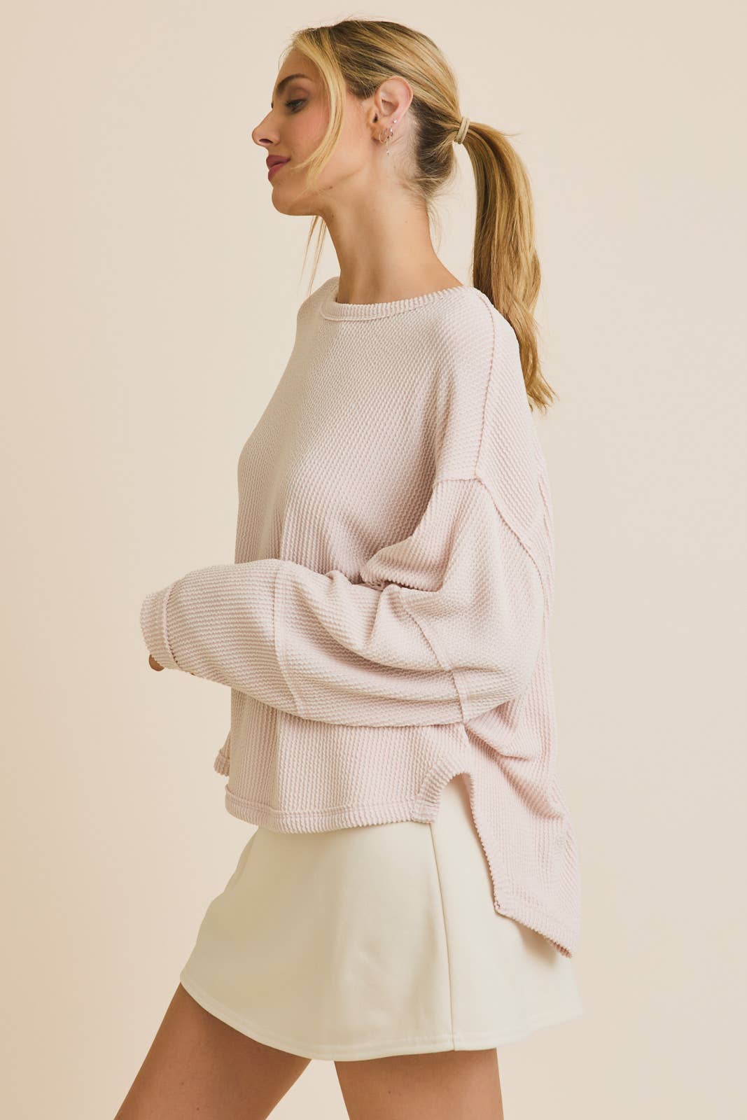 Round Neck Long Sleeve Cut Edge Detail Top