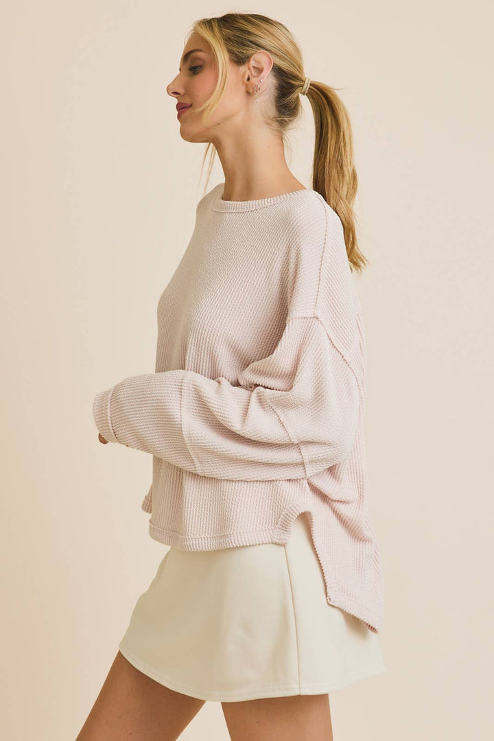 Round Neck Long Sleeve Cut Edge Detail Top