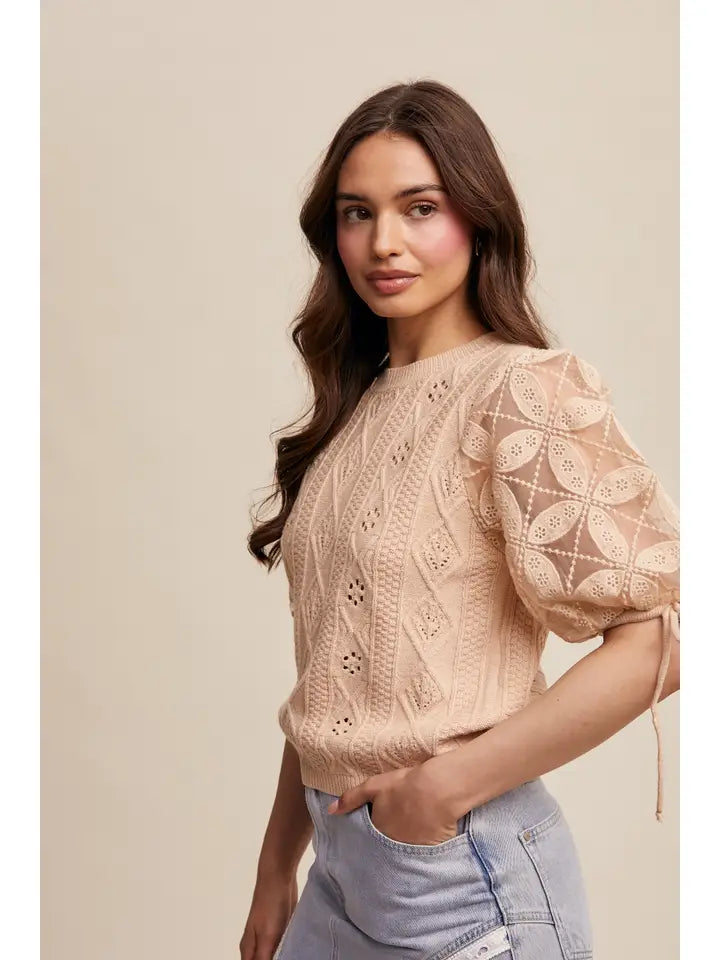Eyelet Puff Sleeve Knit Sweater Top