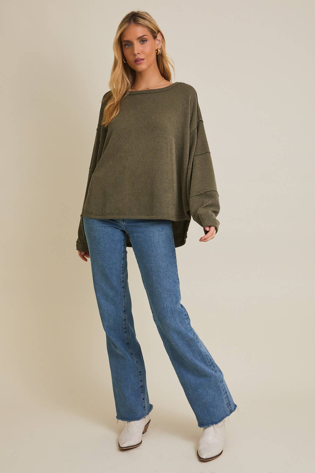 Round Neck Long Sleeve Cut Edge Detail Top