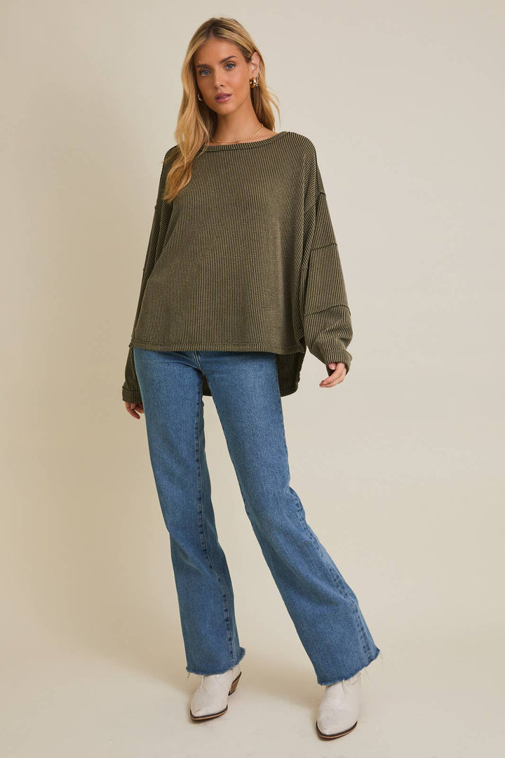 Round Neck Long Sleeve Cut Edge Detail Top