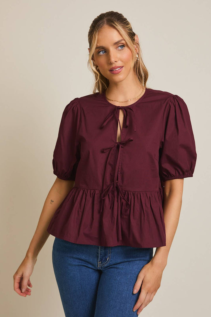 Front Ties Puff Half Sleeve Blouse - Wine