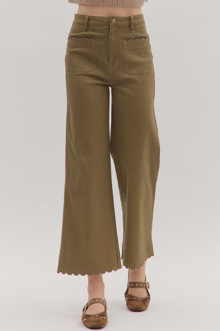 Olive Wide-Leg Scalloped Pants