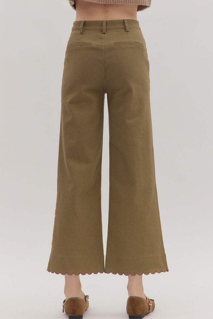 Olive Wide-Leg Scalloped Pants