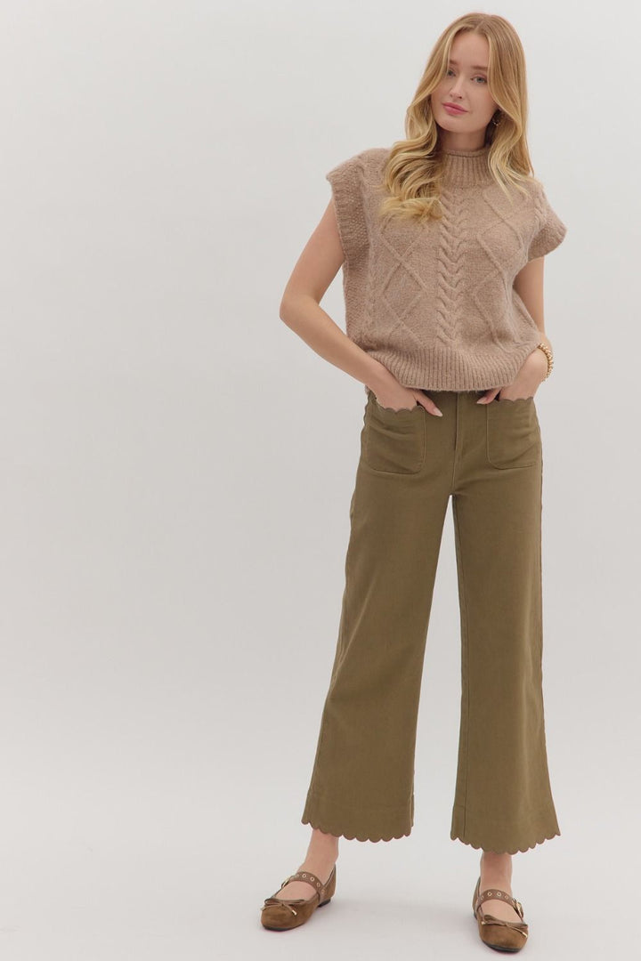 Olive Wide-Leg Scalloped Pants