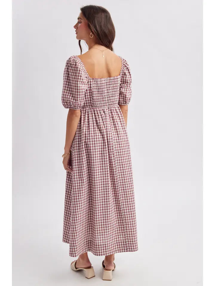 Milly Gingham Puff Sleeve Midi Dress