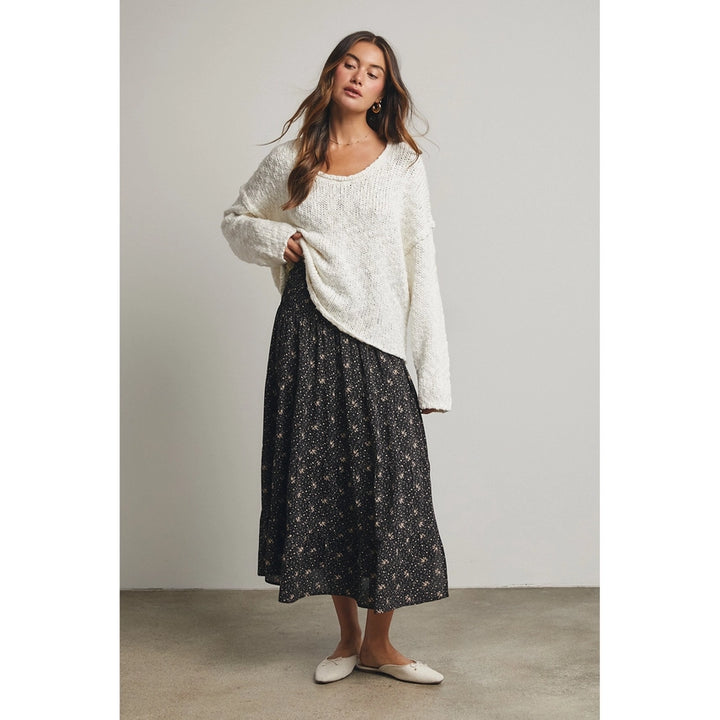 Floral Tiered Front Slit Midi Skirt