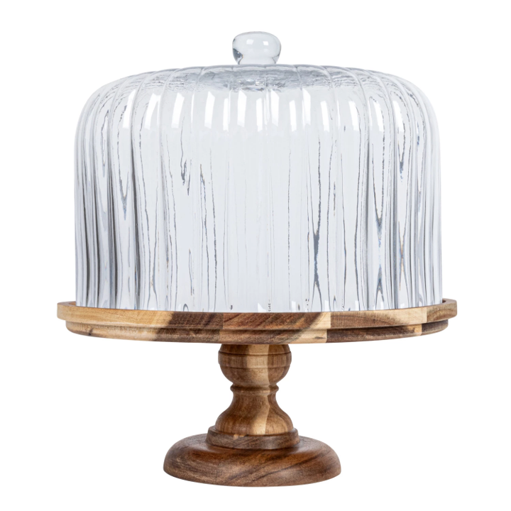 Glass Cake Stand with Acacia Wood Base