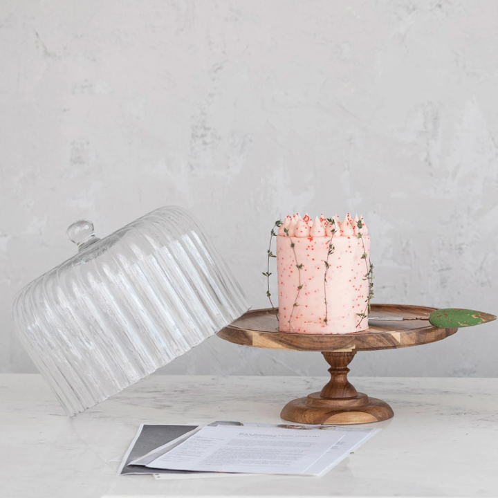 Glass Cake Stand with Acacia Wood Base