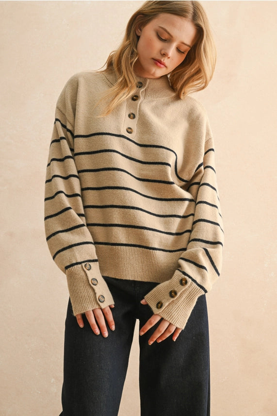 Striped Half Button-Up Sweater