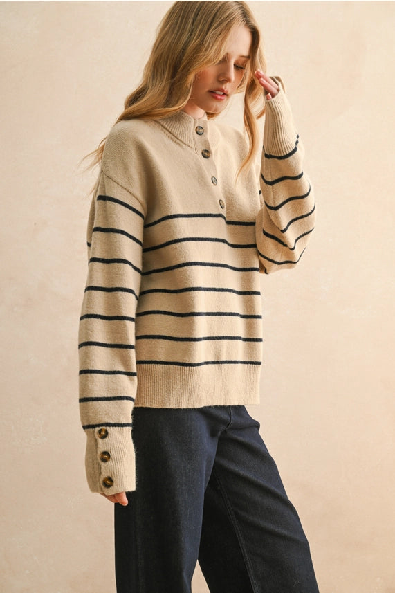Striped Half Button-Up Sweater