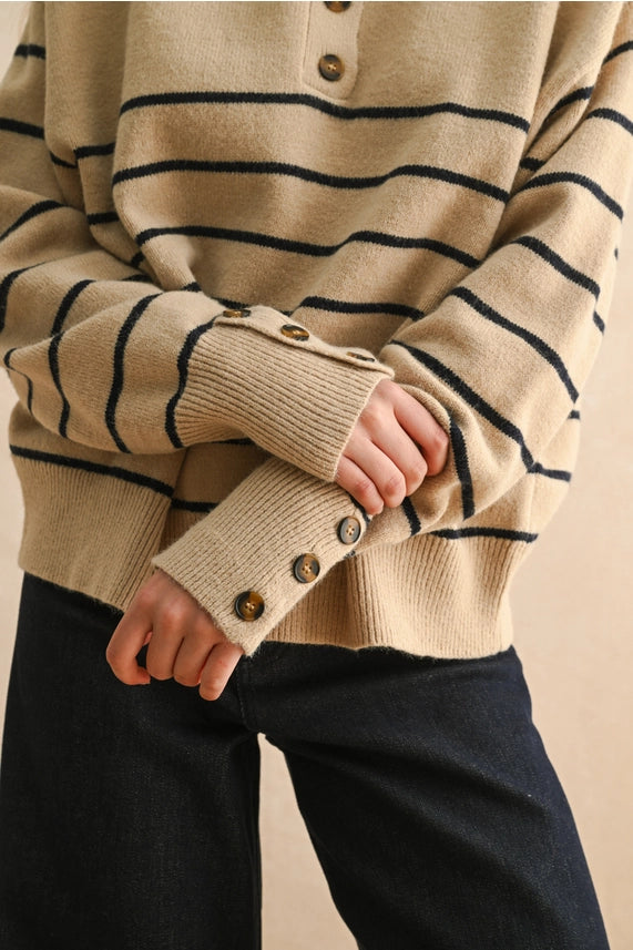 Striped Half Button-Up Sweater