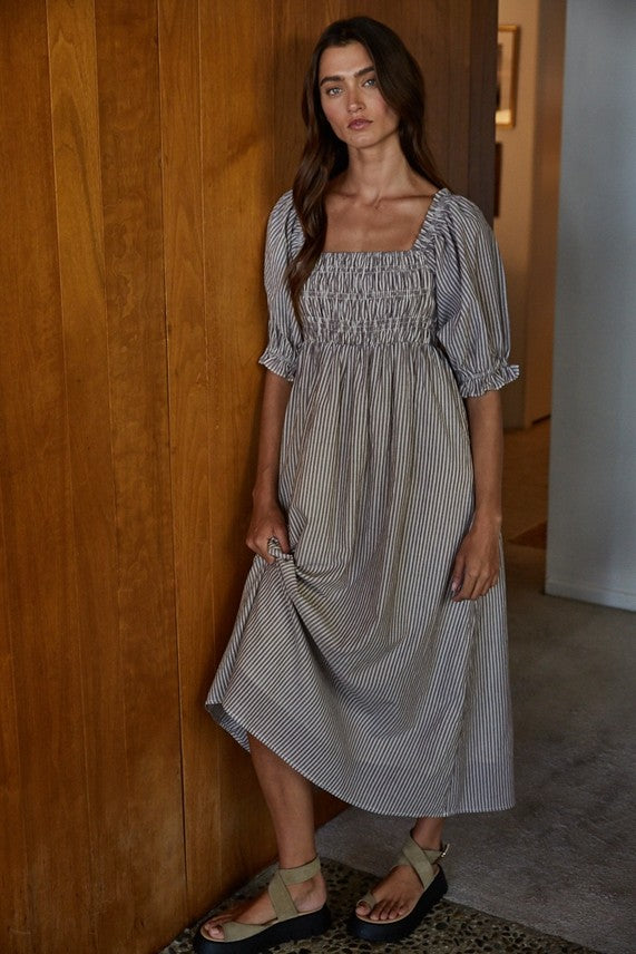 Woven Cotton Linen Striped Smocked Midi Dress