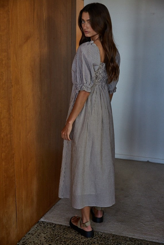 Woven Cotton Linen Striped Smocked Midi Dress